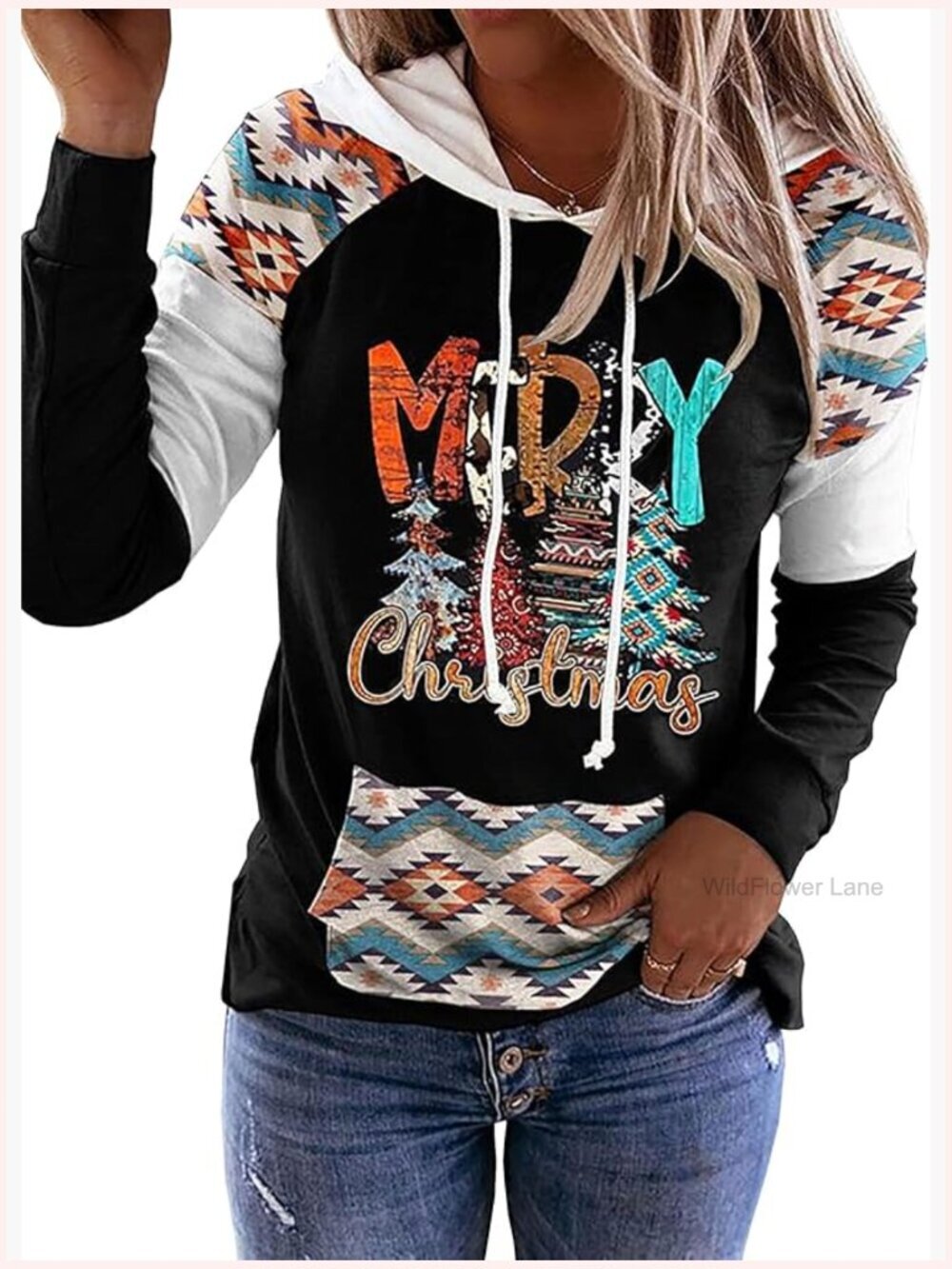 Christmas Buffalo Plaid Color Block Hoodie Long Sleeve T-Shirt Top Women